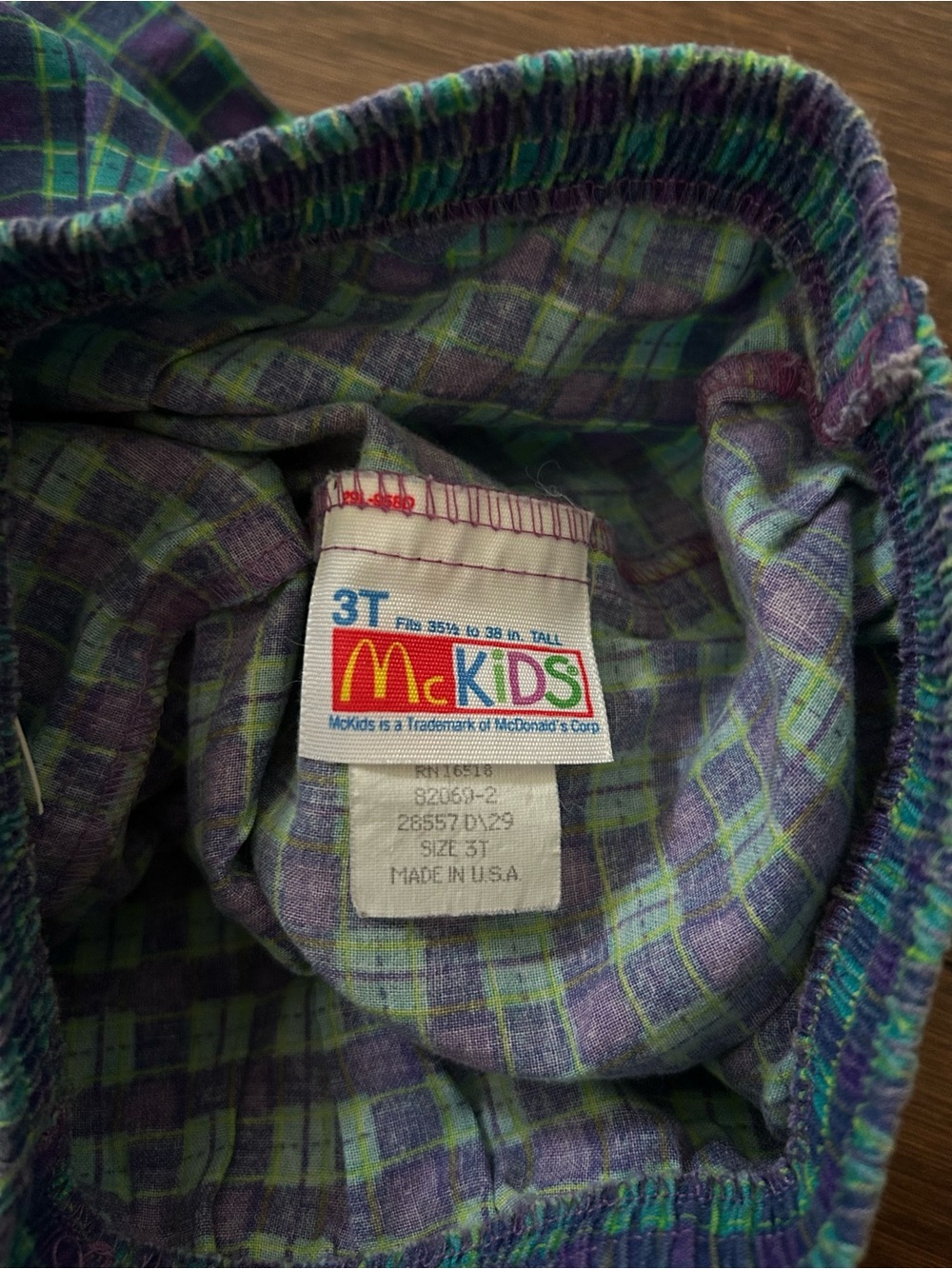 Vintage McKids Toddler Pants 3T Purple Green Plaid Elastic Cuff Pull-On Made USA